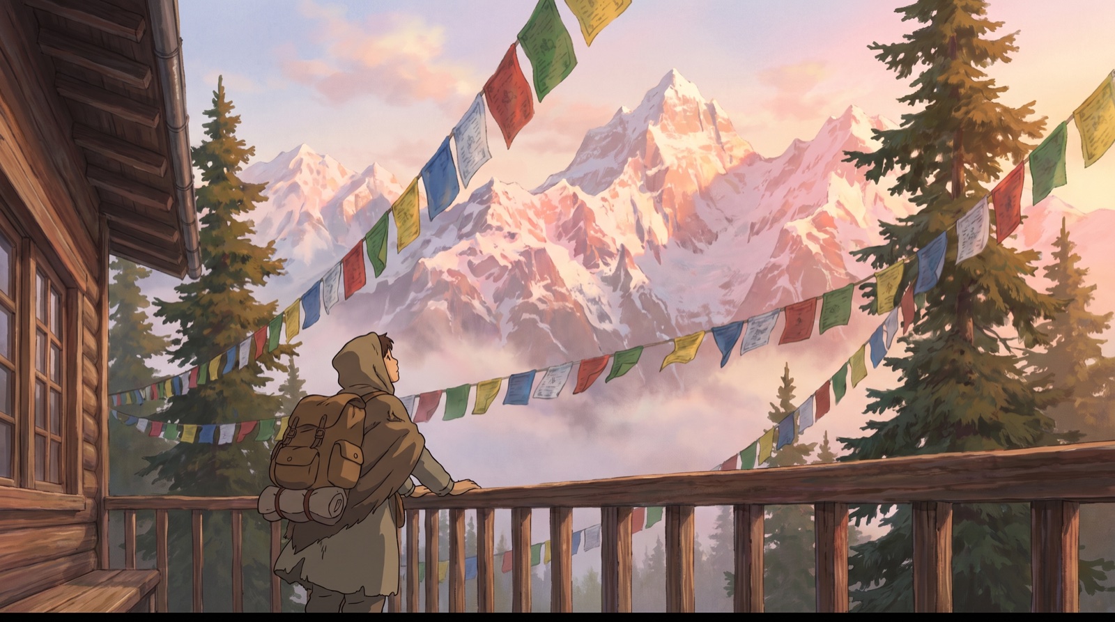 Himalayan snow peaks glowing at dawn above a mountain lodge terrace with Tibetan prayer flags — a tribute to Nims Purja, Nimsdai
